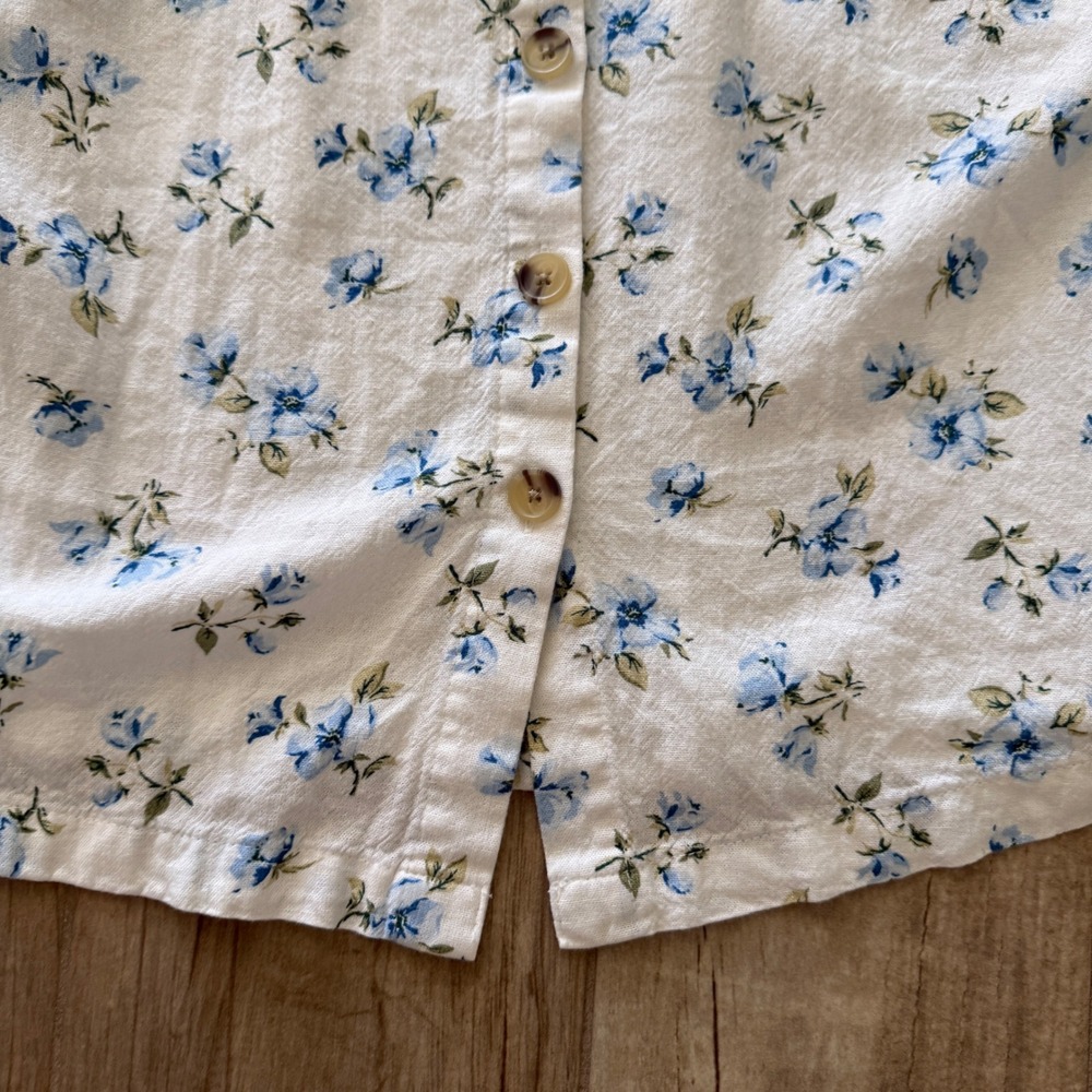 Old Navy Floral Puff Sleeve Button Up Mini Dress White Blue Square Neck Smocked - Picture 2 of 12